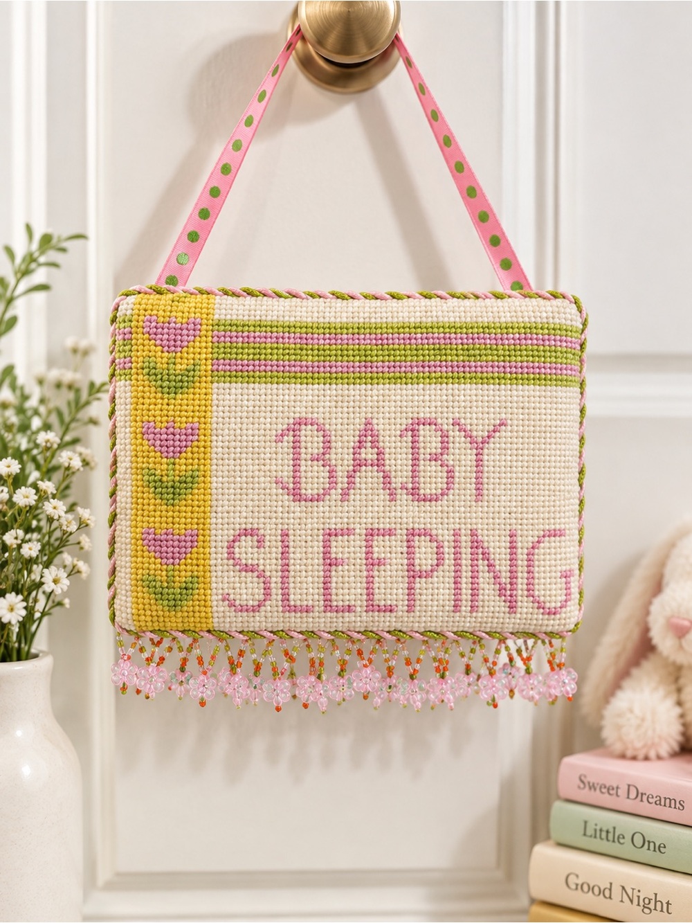 Vintage Handmade “Baby Sleeping” Needlepoint Door Sign Beaded Fringe Darling